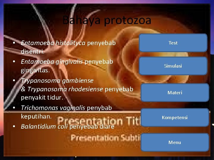 Bahaya protozoa • Entamoeba histolityca penyebab disentri. • Entamoeba gingivalis penyebab gingivitas. • Trypanosoma