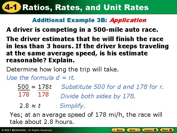 4 -1 Ratios, Rates, and Unit Rates Additional Example 3 B: Application A driver