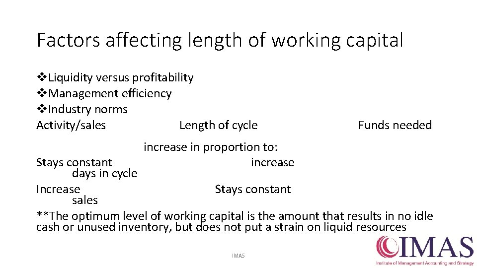 Factors affecting length of working capital v. Liquidity versus profitability v. Management efficiency v.