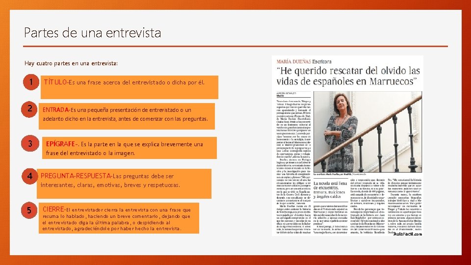 Partes de una entrevista Hay cuatro partes en una entrevista: 1 2 TÍTULO-Es una