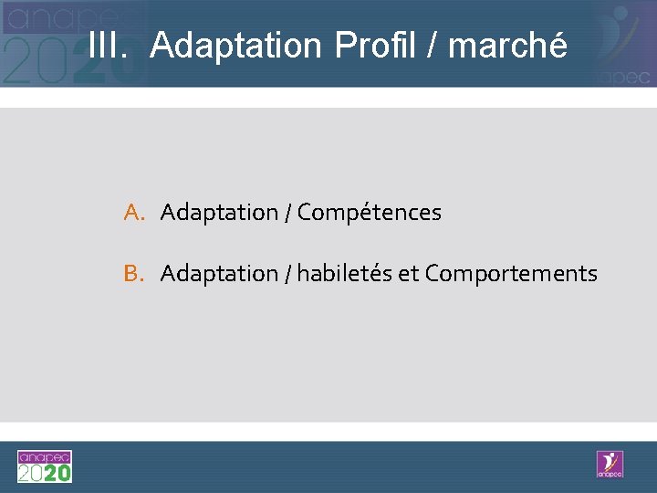 III. Adaptation Profil / marché A. Adaptation / Compétences B. Adaptation / habiletés et
