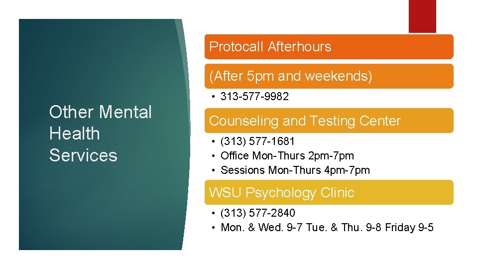 Protocall Afterhours (After 5 pm and weekends) Other Mental Health Services • 313 -577