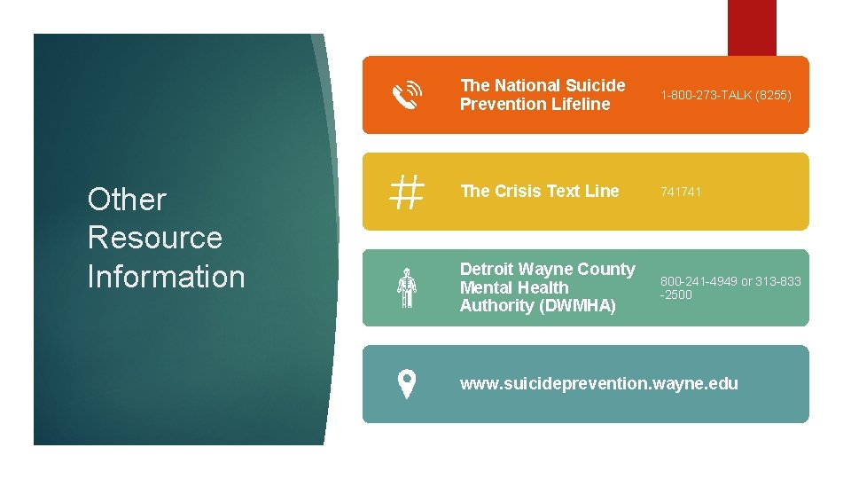 Other Resource Information The National Suicide Prevention Lifeline 1 -800 -273 -TALK (8255) The