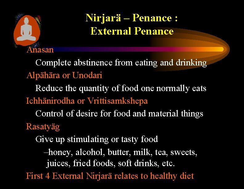 Nirjarä – Penance : External Penance Anasan Complete abstinence from eating and drinking Alpähära