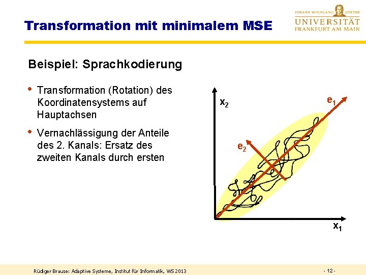 Transformation mit minimalem MSE Beispiel: Sprachkodierung • Transformation (Rotation) des Koordinatensystems auf Hauptachsen •