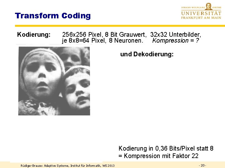 Transform Coding Kodierung: 256 x 256 Pixel, 8 Bit Grauwert, 32 x 32 Unterbilder,
