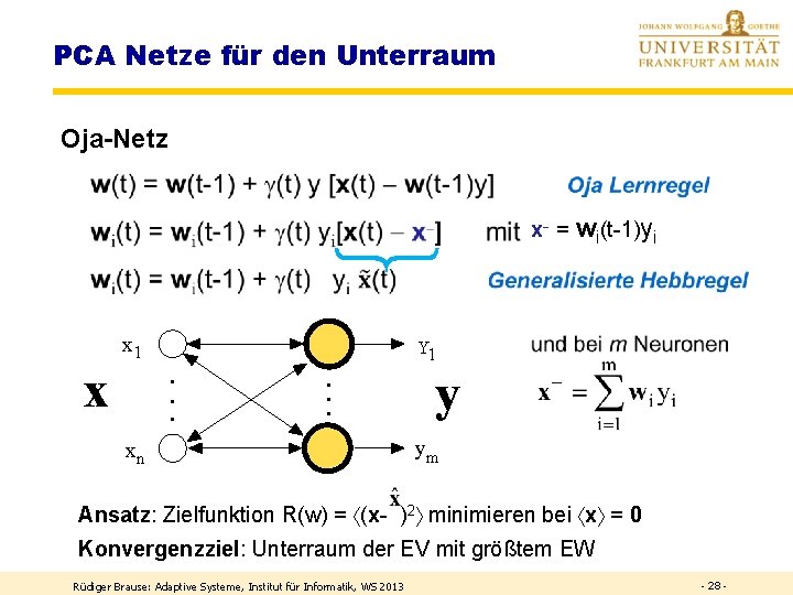 PCA Netze für den Unterraum Oja-Netz x = wi(t-1)yi x x 1 Y 1