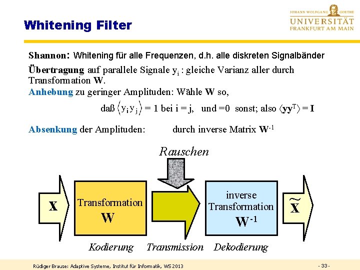 Whitening Filter Shannon: Whitening für alle Frequenzen, d. h. alle diskreten Signalbänder Übertragung auf