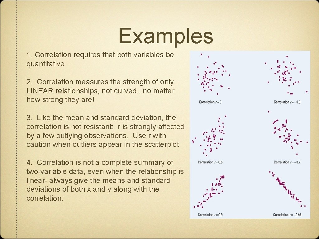 Examples 1. Correlation requires that both variables be quantitative 2. Correlation measures the strength