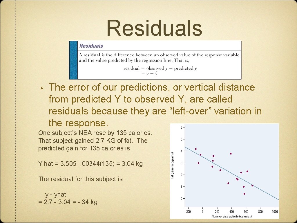 Residuals • The error of our predictions, or vertical distance from predicted Y to