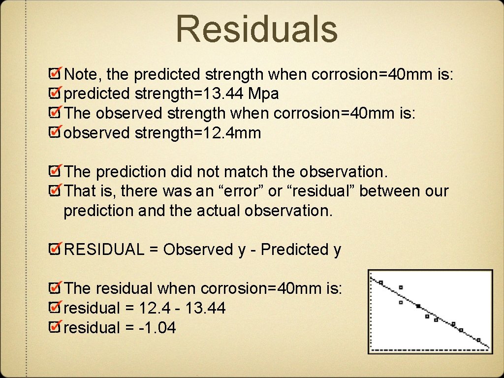 Residuals Note, the predicted strength when corrosion=40 mm is: predicted strength=13. 44 Mpa The