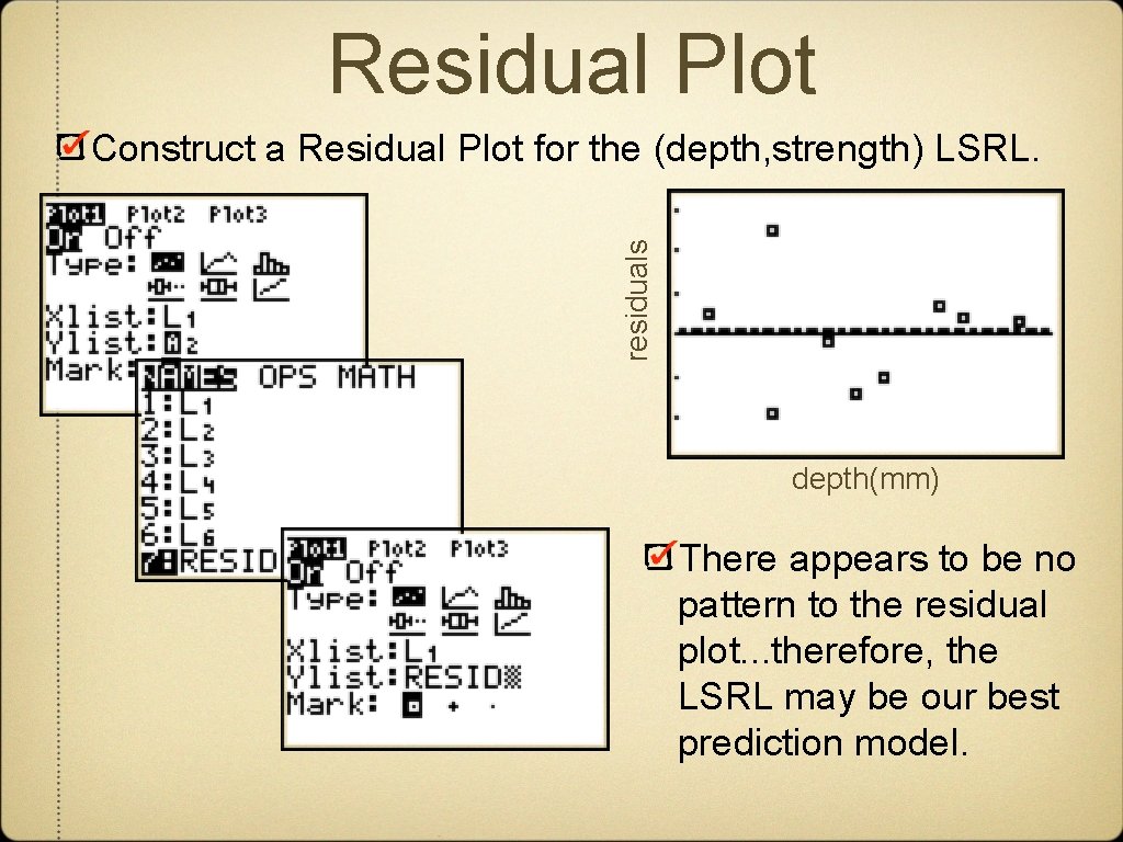 Residual Plot residuals Construct a Residual Plot for the (depth, strength) LSRL. depth(mm) There