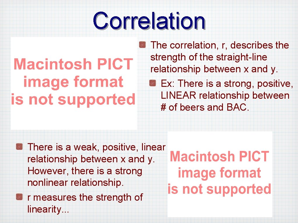 Correlation The correlation, r, describes the strength of the straight-line relationship between x and
