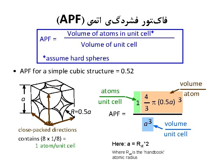 (APF) ﻓﺎکﺘﻮﺭ ﻓﺸﺮﺩگی ﺍﺗﻤی APF = Volume of atoms in unit cell* Volume of