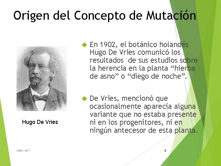 Origen del Concepto de Mutación Hugo De Vries MEDC-NCT En 1902, el botánico holandés