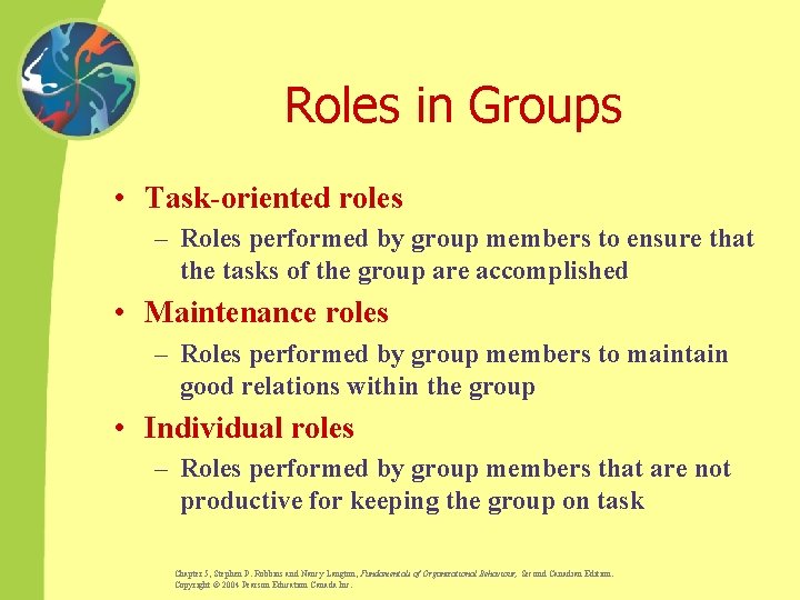 Common Group Roles Chapter 5 Working in Teams Chapter 5 Stephen