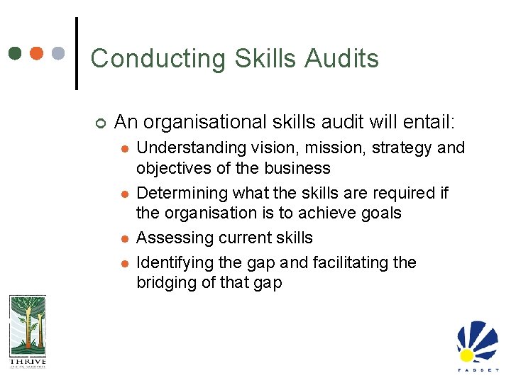 Conducting Skills Audits ¢ An organisational skills audit will entail: l l Understanding vision,