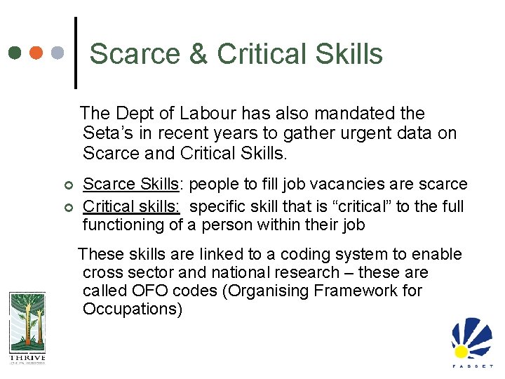 Scarce & Critical Skills The Dept of Labour has also mandated the Seta’s in