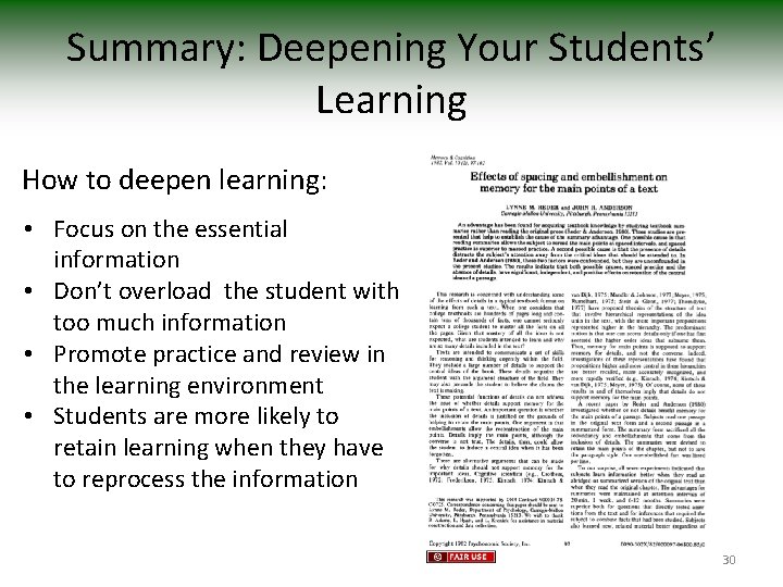 Summary: Deepening Your Students’ Learning How to deepen learning: • Focus on the essential