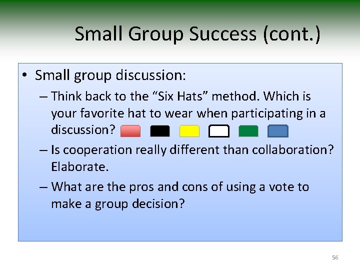 Small Group Success (cont. ) • Small group discussion: – Think back to the