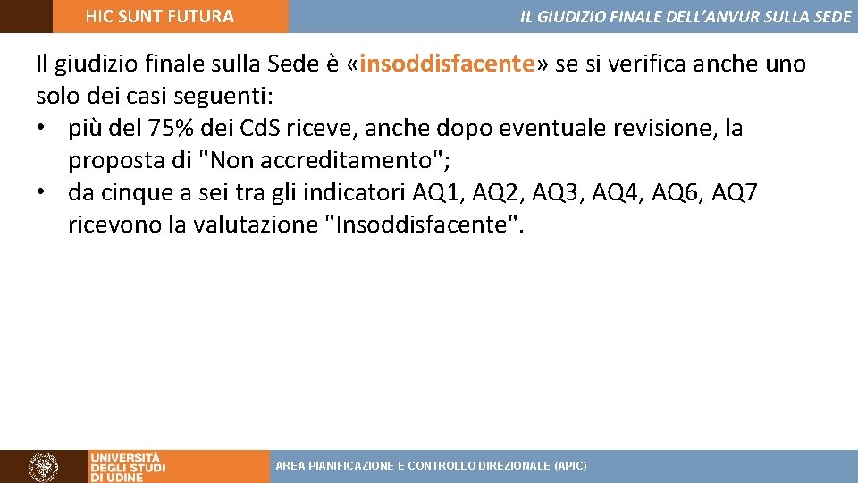 HIC SUNT FUTURA IL GIUDIZIO FINALE DELL’ANVUR SULLA SEDE Il giudizio finale sulla Sede