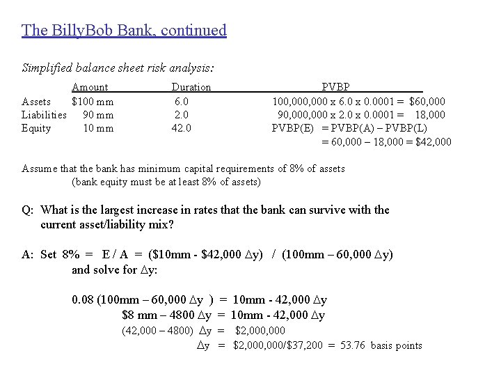 The Billy. Bob Bank, continued Simplified balance sheet risk analysis: Amount Assets $100 mm