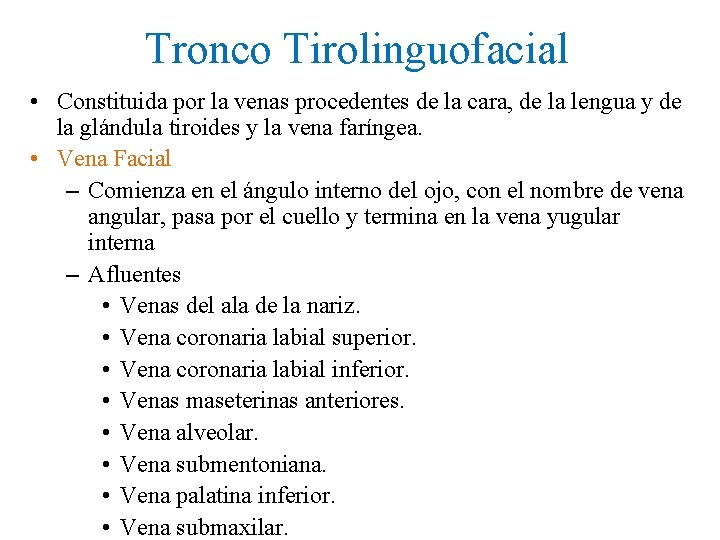 Tronco Tirolinguofacial • Constituida por la venas procedentes de la cara, de la lengua