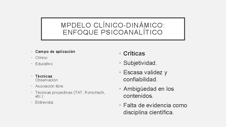 MPDELO CLÍNICO-DINÁMICO: ENFOQUE PSICOANALÍTICO • Campo de aplicación • Clínico • Críticas • Educativo