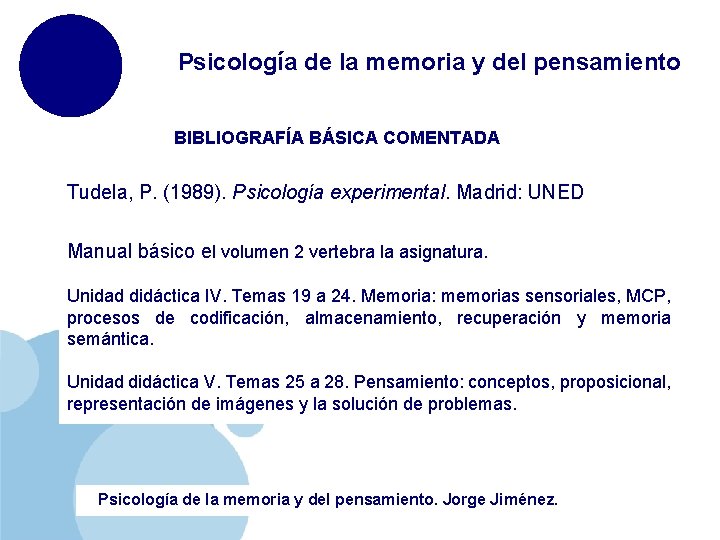 Psicología de la memoria y del pensamiento BIBLIOGRAFÍA BÁSICA COMENTADA Tudela, P. (1989). Psicología