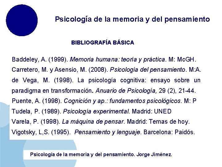 Psicología de la memoria y del pensamiento BIBLIOGRAFÍA BÁSICA Baddeley, A. (1999). Memoria humana:
