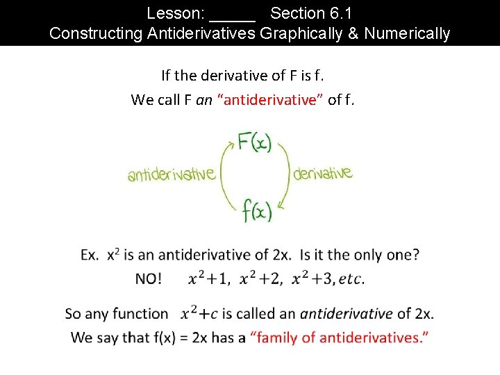 Lesson: _____ Section 6. 1 Constructing Antiderivatives Graphically & Numerically If the derivative of