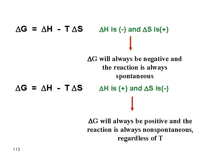  G = H - T S H is (-) and S is(+) G