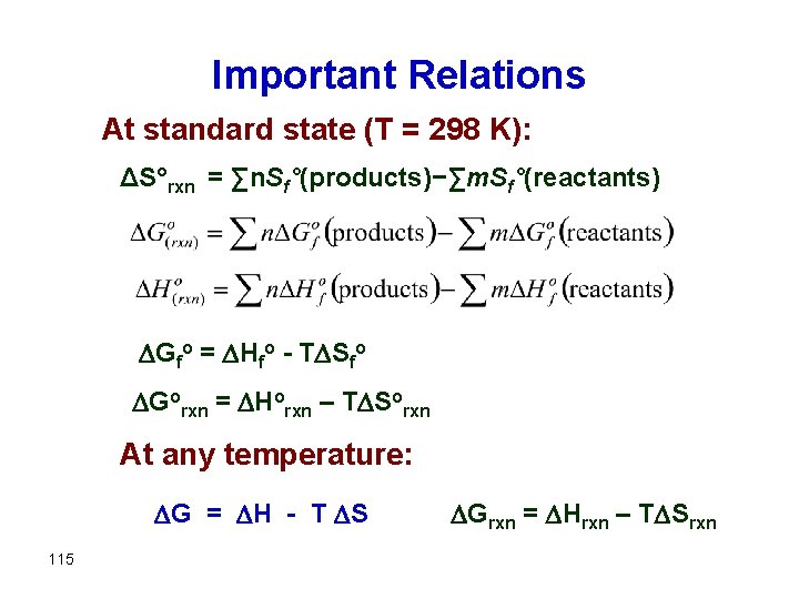 Important Relations At standard state (T = 298 K): ΔS°rxn = ∑n. Sf°(products)−∑m. Sf°(reactants)