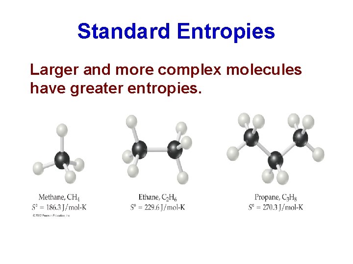 Standard Entropies Larger and more complex molecules have greater entropies. 