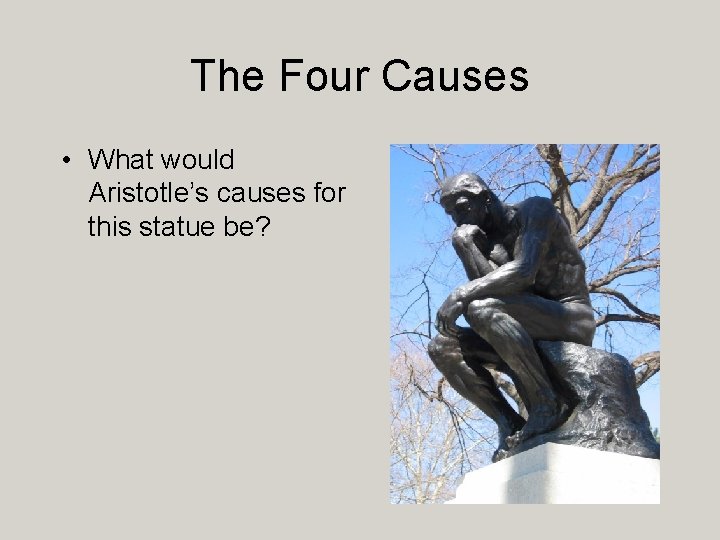 The Four Causes • What would Aristotle’s causes for this statue be? 
