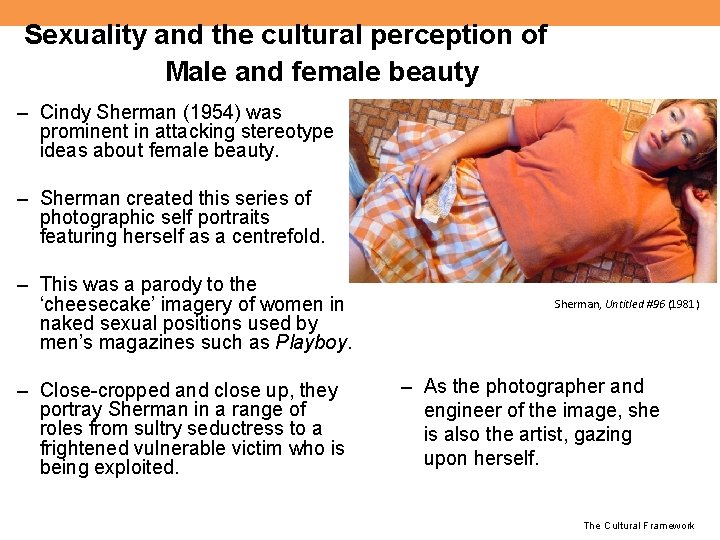 Sexuality and the cultural perception of Male and female beauty – Cindy Sherman (1954)