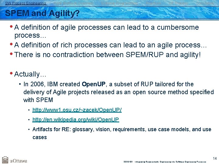 SW Process Engineering Agile Methods Overview Extreme Programming Practices XP Process Conclusion SPEM and