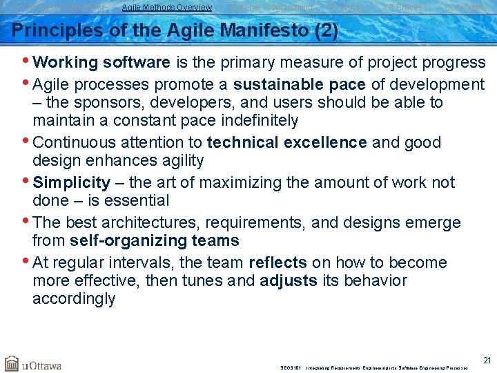 SW Process Engineering Agile Methods Overview Extreme Programming Practices XP Process Conclusion Principles of