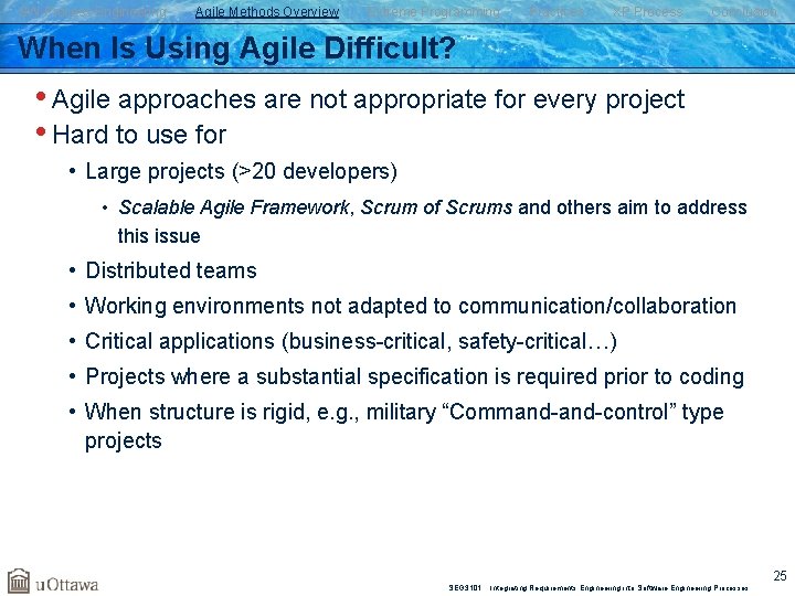 SW Process Engineering Agile Methods Overview Extreme Programming Practices XP Process Conclusion When Is