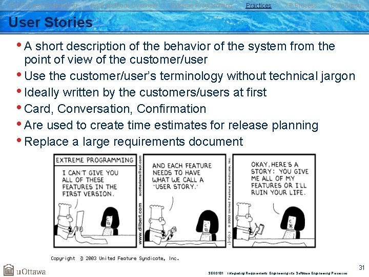 SW Process Engineering Agile Methods Overview Extreme Programming Practices XP Process Conclusion User Stories