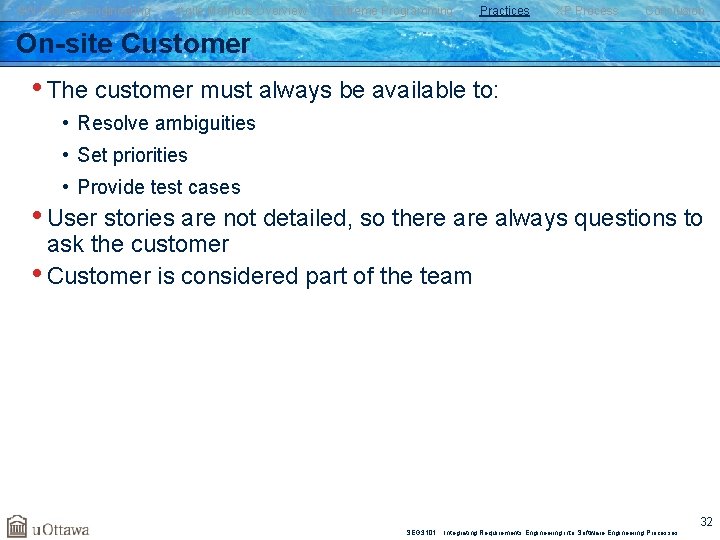 SW Process Engineering Agile Methods Overview Extreme Programming Practices XP Process Conclusion On-site Customer