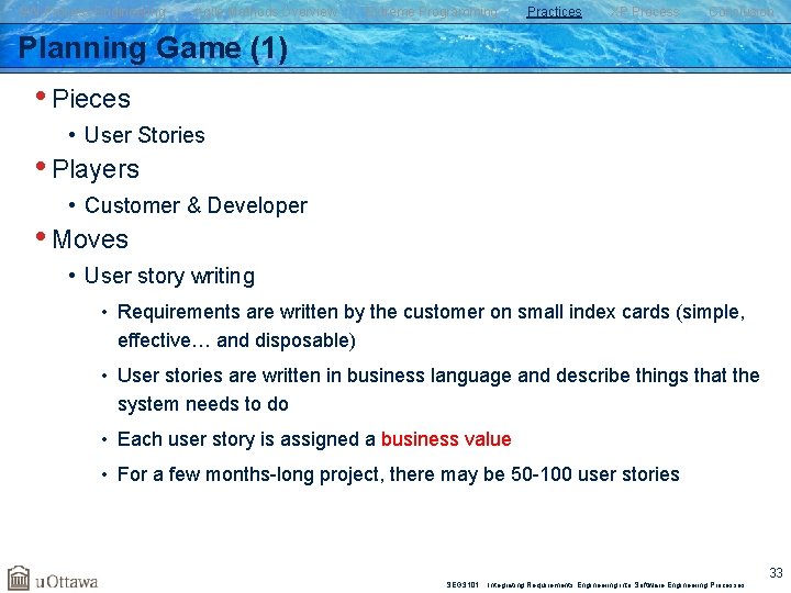 SW Process Engineering Agile Methods Overview Extreme Programming Practices XP Process Conclusion Planning Game