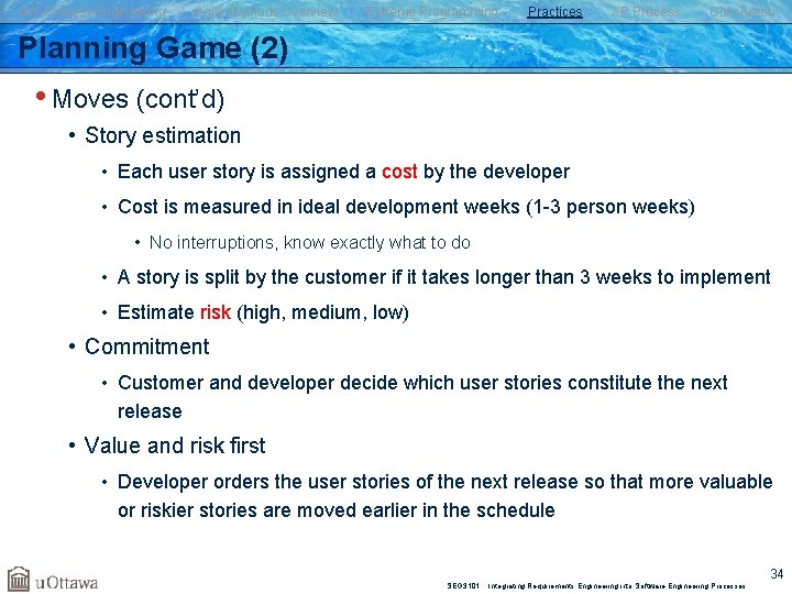 SW Process Engineering Agile Methods Overview Extreme Programming Practices XP Process Conclusion Planning Game