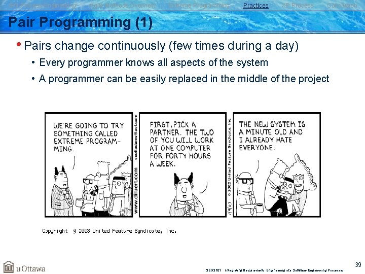 SW Process Engineering Agile Methods Overview Extreme Programming Practices XP Process Conclusion Pair Programming