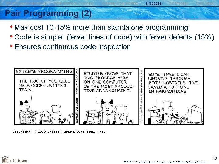 SW Process Engineering Agile Methods Overview Extreme Programming Practices XP Process Conclusion Pair Programming
