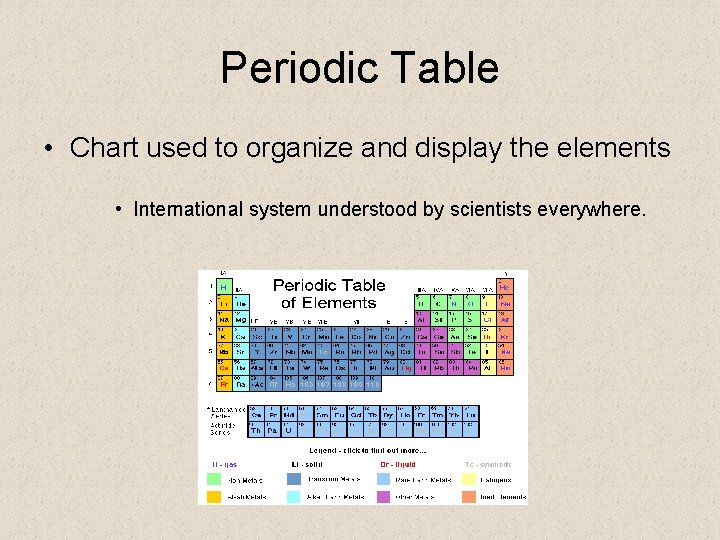 Periodic Table • Chart used to organize and display the elements • International system