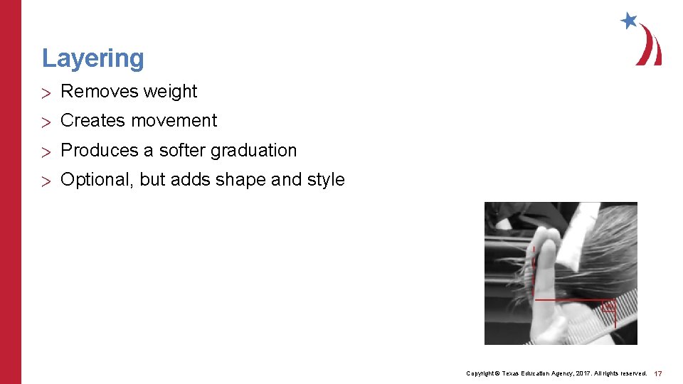 Layering > Removes weight > Creates movement > Produces a softer graduation > Optional,