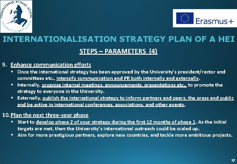 INTERNATIONALISATION STRATEGY PLAN OF A HEI STEPS – PARAMETERS (4) 9. Enhance communication efforts