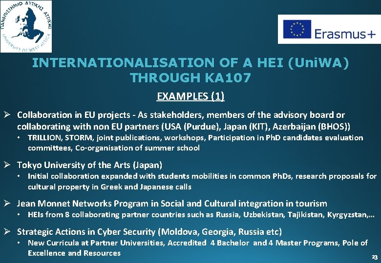 INTERNATIONALISATION OF A HEI (Uni. WA) THROUGH KA 107 EXAMPLES (1) Ø Collaboration in