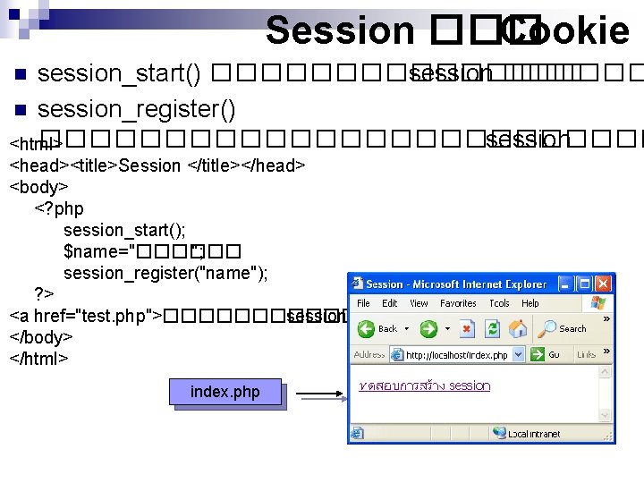 Session ��� Cookie session_start() �������� session ������ n session_register() ������������� session <html> n <head><title>Session
